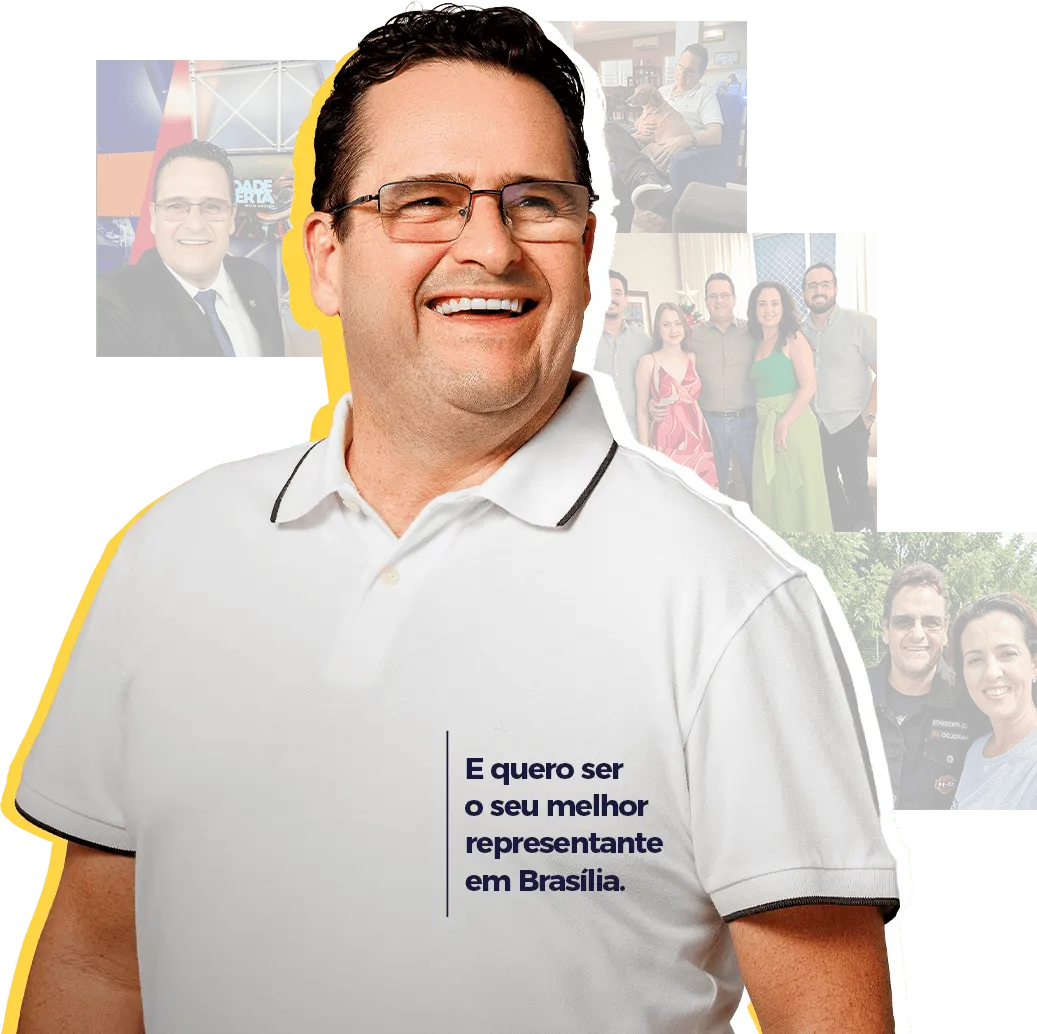 Professor Haroldo sorrindo, cercado de fotos com a família e nos estúdios de TV. 'E quero ser o seu melhor representante em Brasília.'